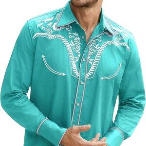 Teal Western Cowboy Shirts w/ White Embroidery